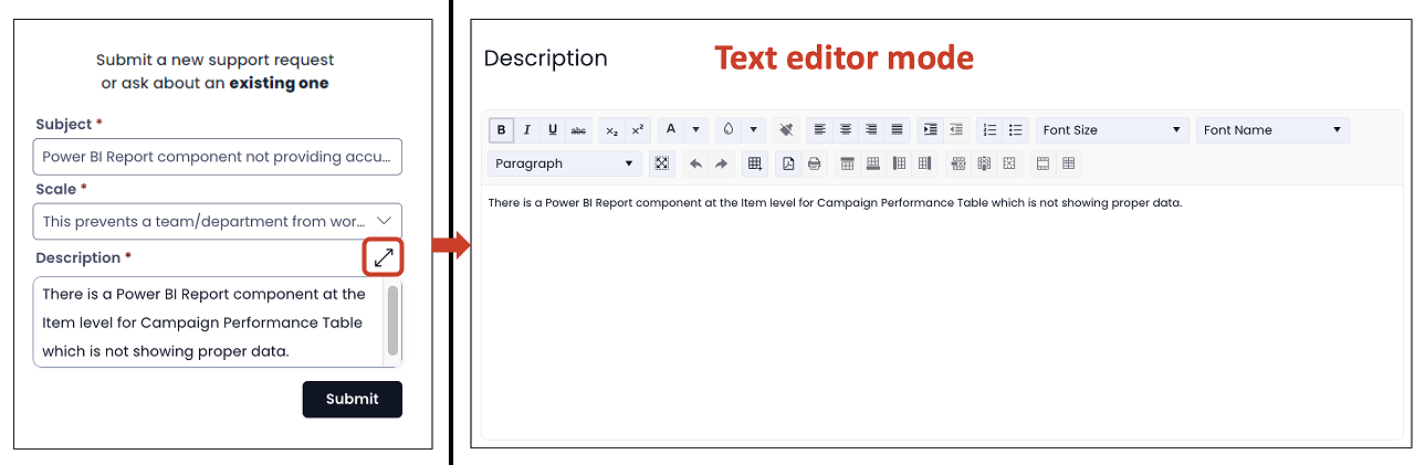 Image showing how to enter text editor mode for Description field